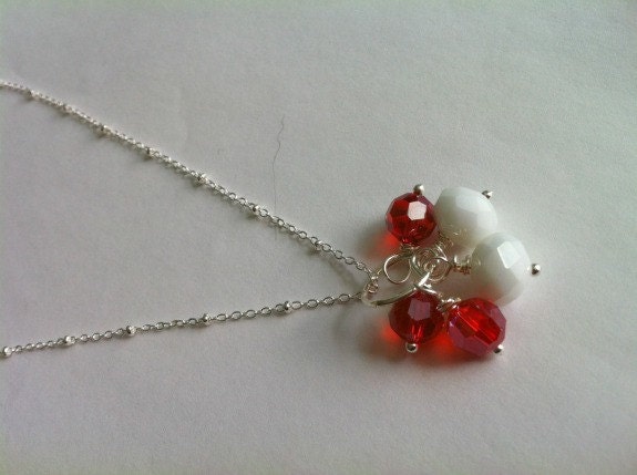 Coral and White Crystal on Silver Necklace and Earring Set