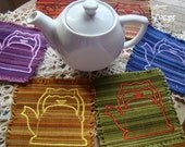 Coasters, high quality cotton coasters, teapot embroidery
