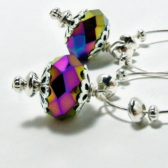 Dangle Earrings- Rainbow Czech Glass Earrings- Colorful Earrings- Rainbow Earrings-Pink Earrings-Purple Earrings-Yellow E