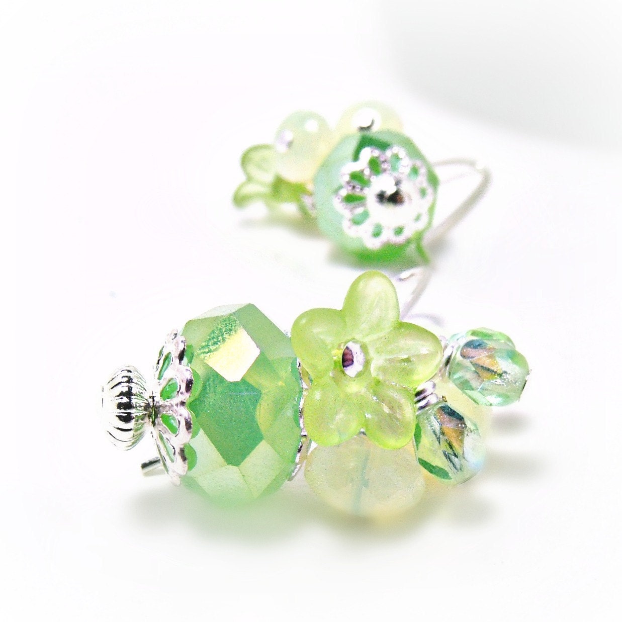 Creen Czech Crystal Earrings- Green Jewelry- Spring Earrings-Flower Earrings-Flower Jewelry-Sterling Silver-Czech Glass Jewelry