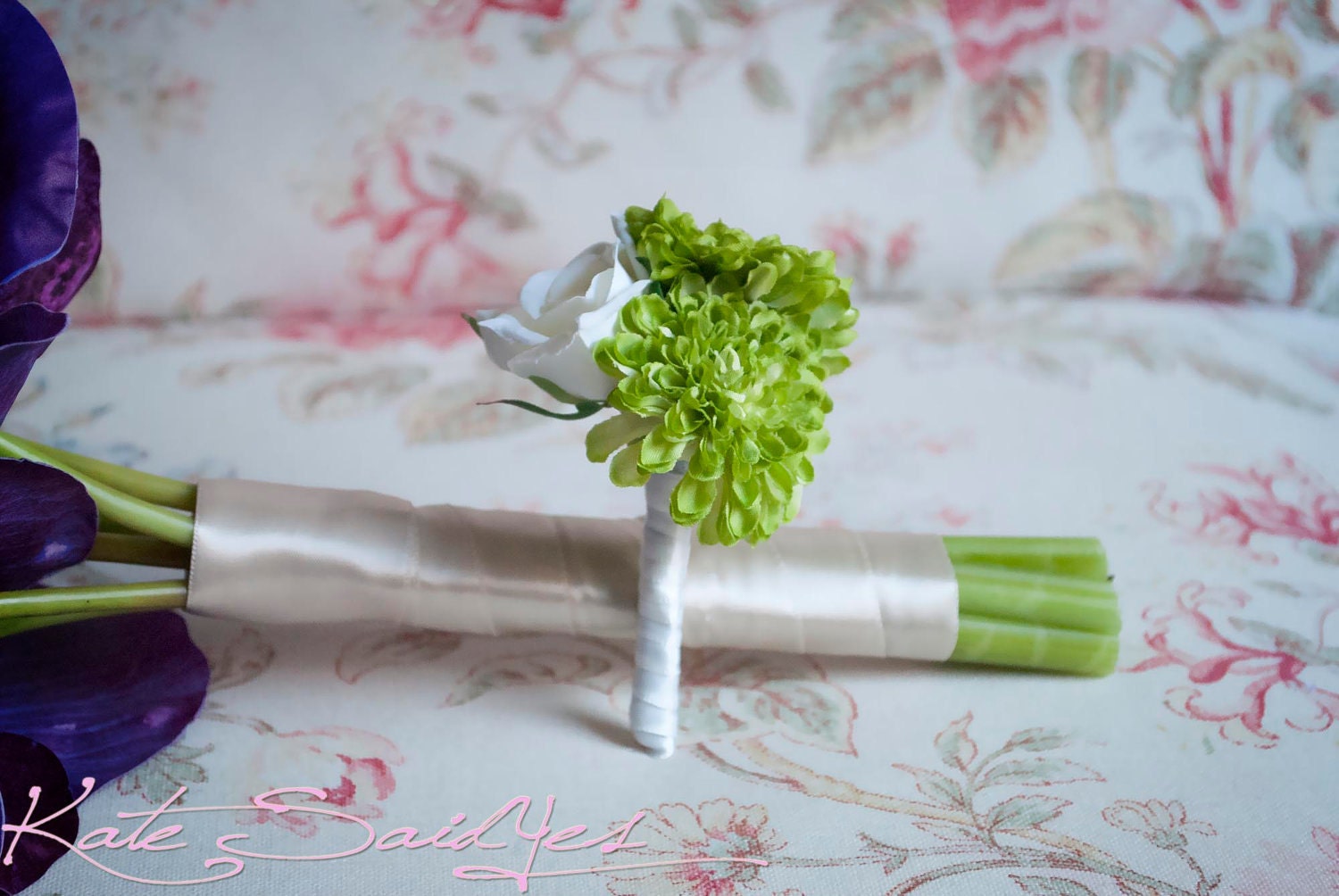 Wedding Boutonniere - White Rose and Lime Green Pom Boutonniere