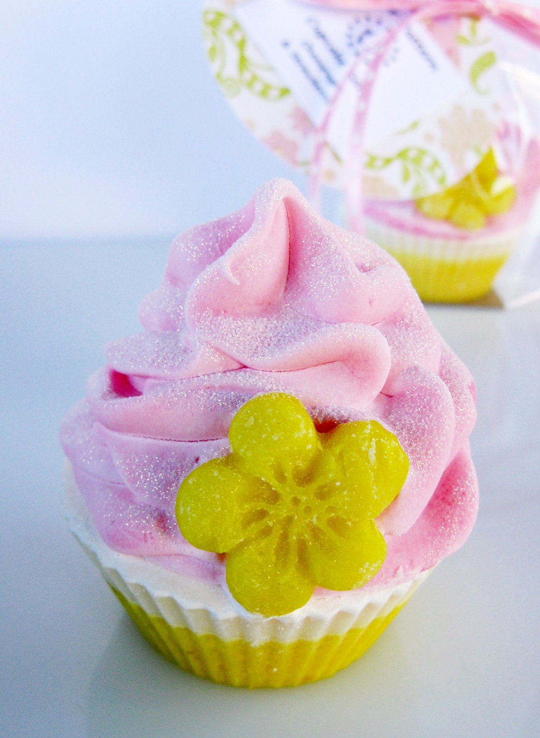 Champagne and Strawberry Mini Cupcake Soap with Yellow Cherry Blossom - party favors, wedding showers, baby showers, birthdays