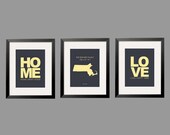 Yellow and Gray Love Lives Happy Here, Home Sweet Home,Customized State Map 3 ps print set 11x14 by Yasisplace