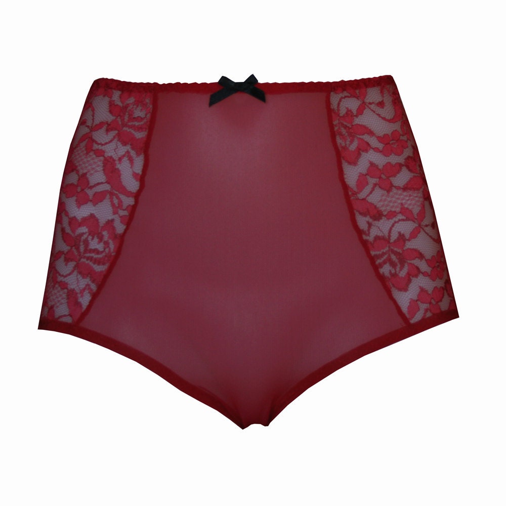 Red 'Thalia' Sheer Lace High Waisted Knickers