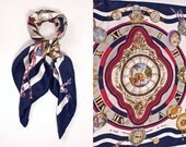 vintage 1980s hermes silk scarf / 80s hermes scarf  -- navy blue & red parmi les fleurs