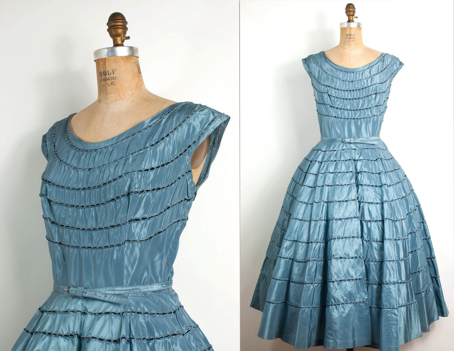 vintage 1950s dress / 50s blue taffeta party dress (medium)