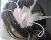 Feather fascinator - Romantic blush and tan Feather Fascinator with vintage leaf accent and French net- Bridal Veil clip