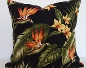 Tropical Print Throw Pillow, Birds of Paradise Decorative Pillow Cover Print, Black, 18x18