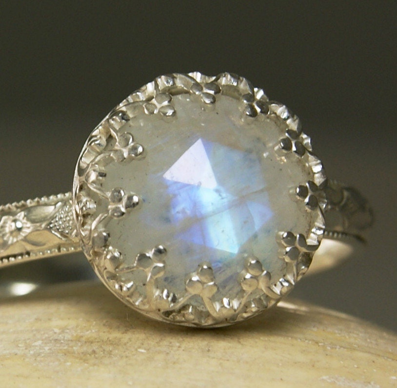 Sterling Silver Rainbow Moonstone Ring Natural Faceted Blue Stone Rose Cut 10mm-made to order in your size