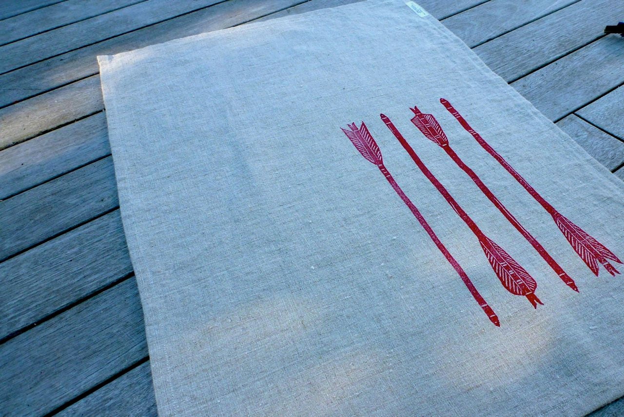 Linen tea towel dish cloth red arrows block print (scarlet on toast)