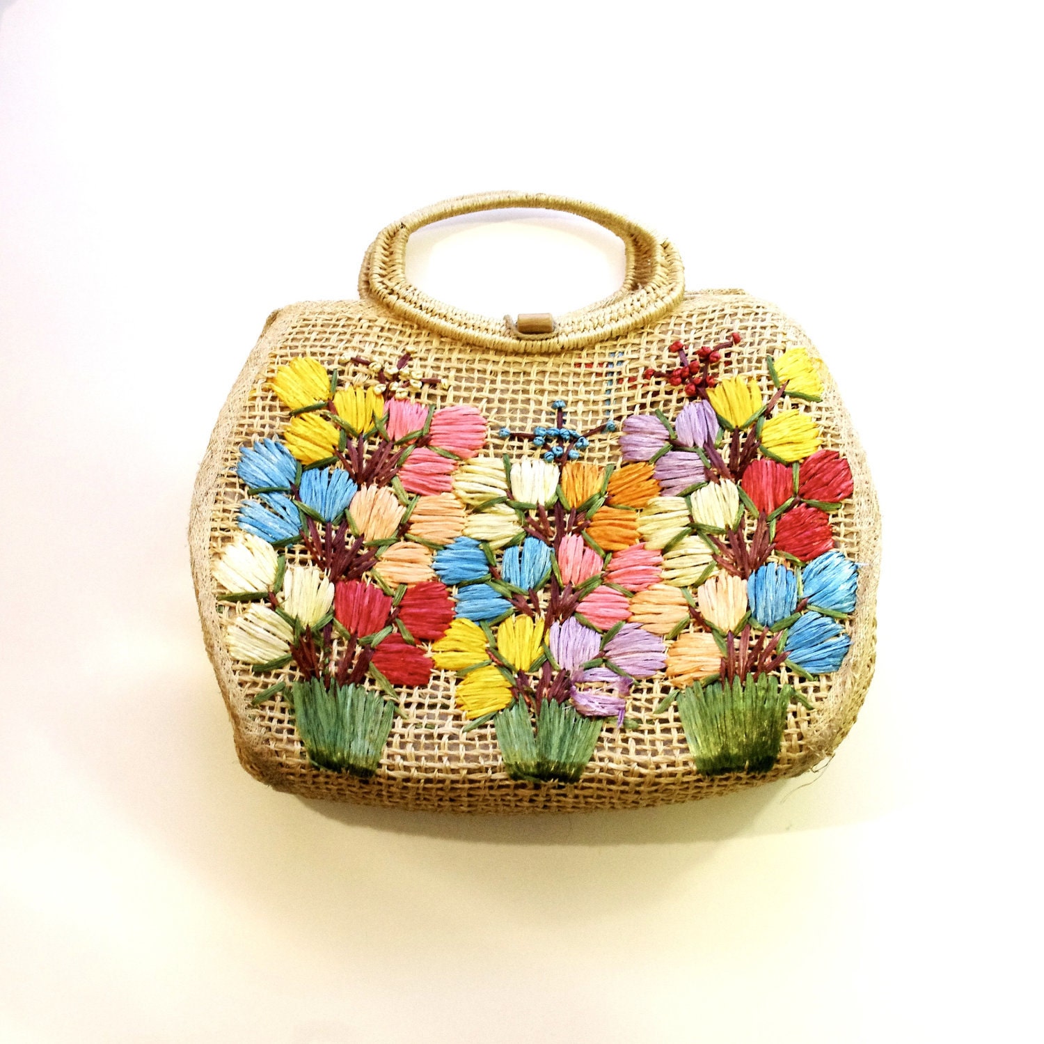 Beach Bag with Raffia Straw Flowers in Bold Colors - Red, Pink, Orange, Blue, Purple - Great Handbag or Tote by Cabana
