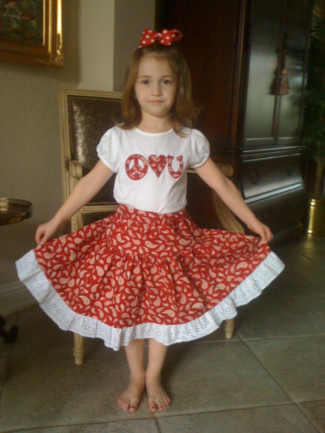 Red Bandana Skirt with coordinating appliqued tee - custom -