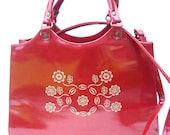 OOh La RED PATENT LEATHER Purse WoW Tooled Leather Floral Pattern - BaysideCottage
