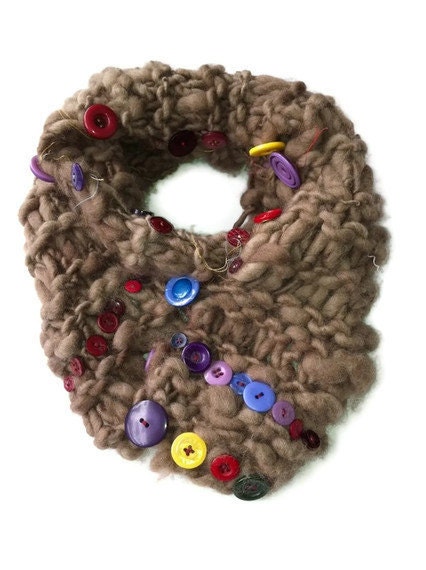 Hand Knitted brown scarf with colourful Buttons made from Chunky Hand Spun and Dyed Pure Wool Yarn from Australia