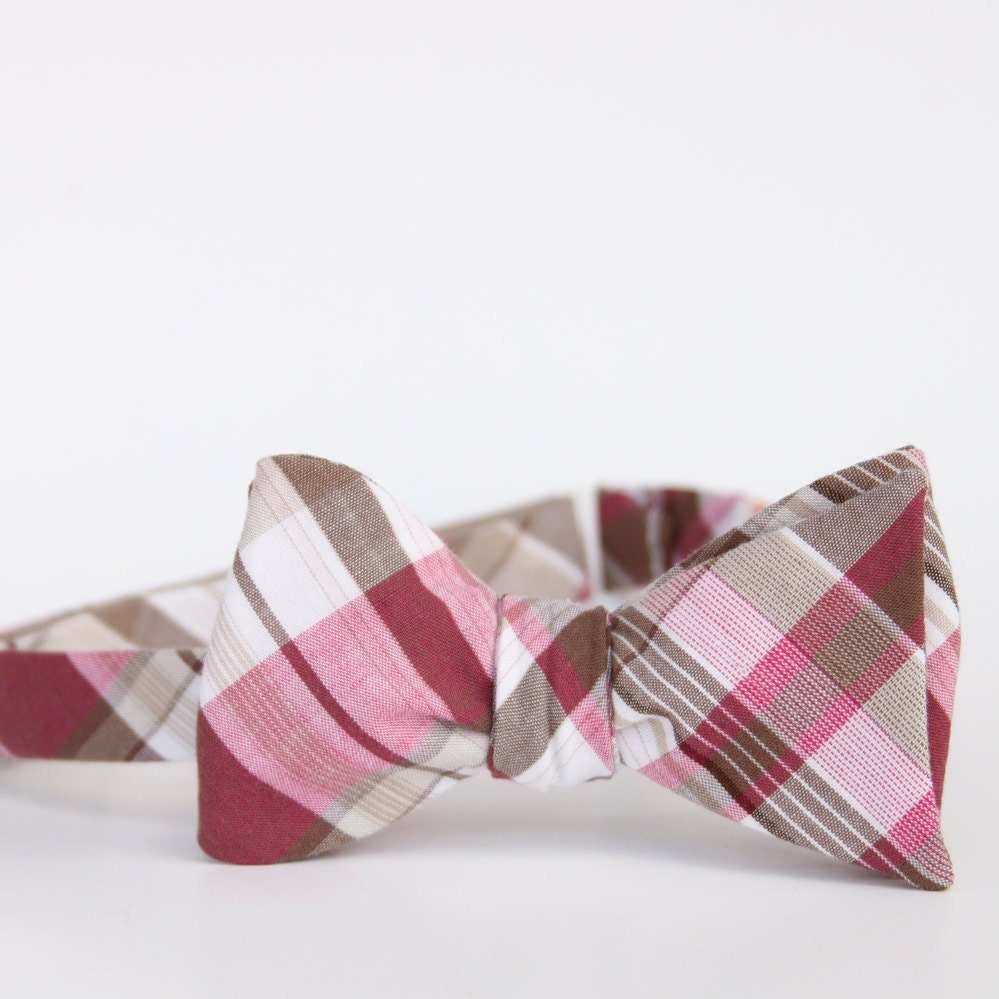 fuschia and taupe plaid freestyle bow tie