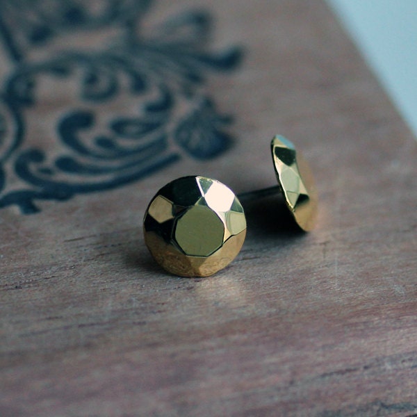 14k yellow gold plated stud earrings, Faceted metal diamond like studs, sterling silver, Modern Rock Brilliant Studs