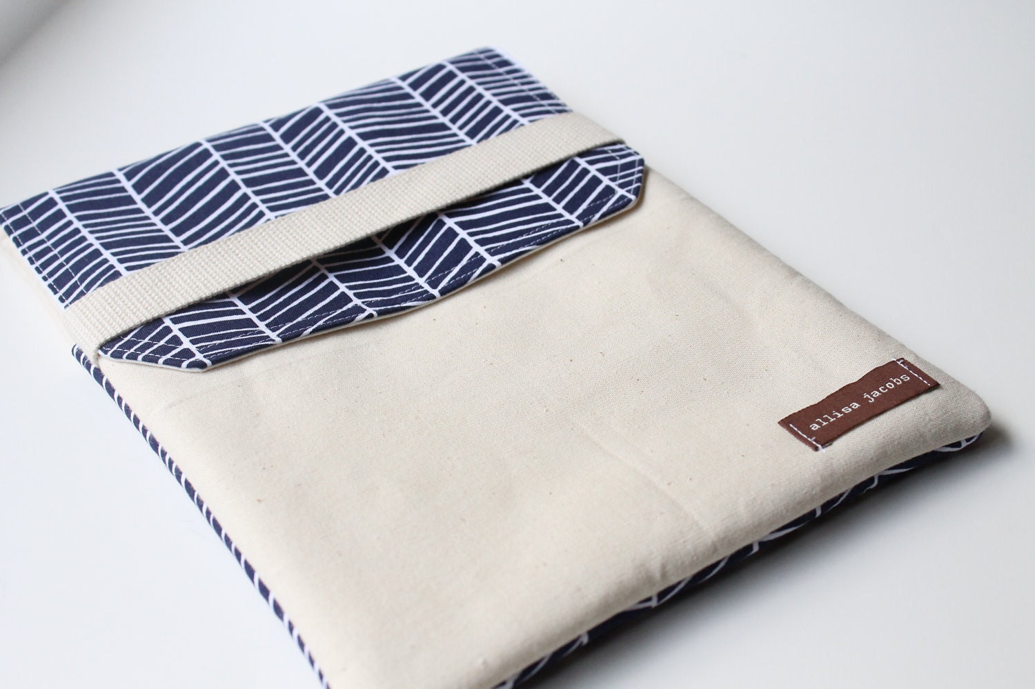 iPad Cover Case - Navy Herringbone with Flap Closure