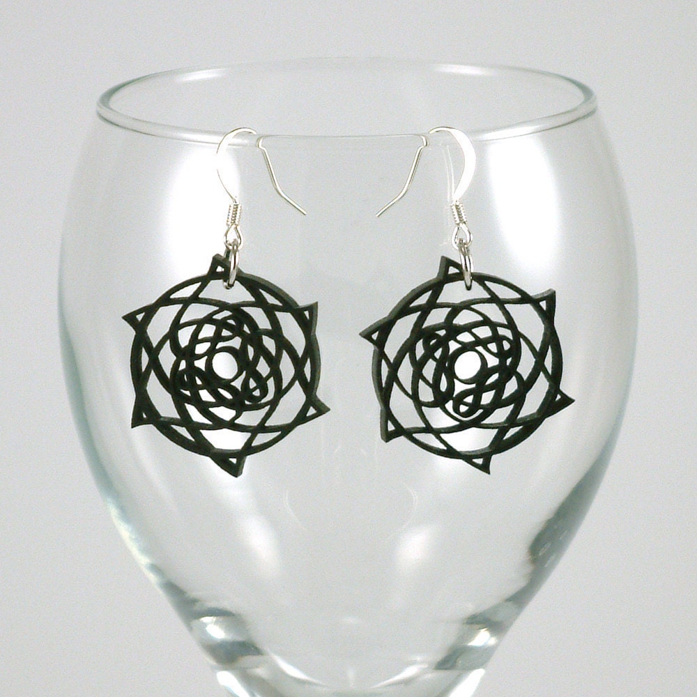 Wood Earrings - Laser Cut - Celtic Star - Black Lacquered Alder Wood on Silver