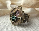 Mixed Media Steampunk Ring, Adjustable Band, Keyhole Jewelry, The Secret
