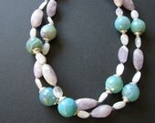 Spring necklace, moon stone, amethyst, teal green agate