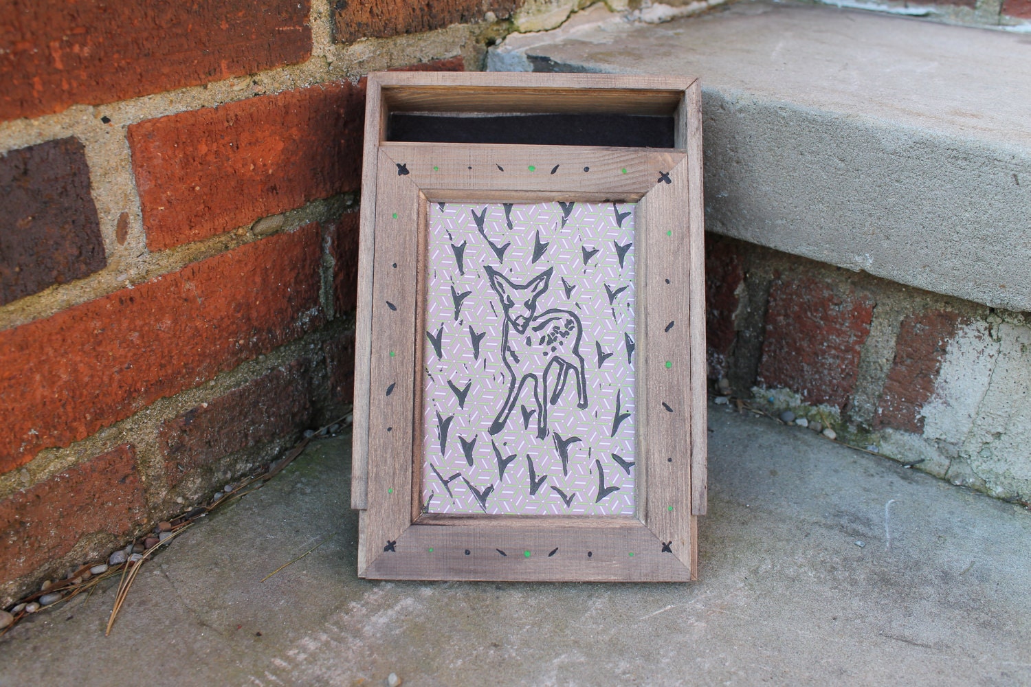 Brown Wooden Box with Linocut Print of a Deer