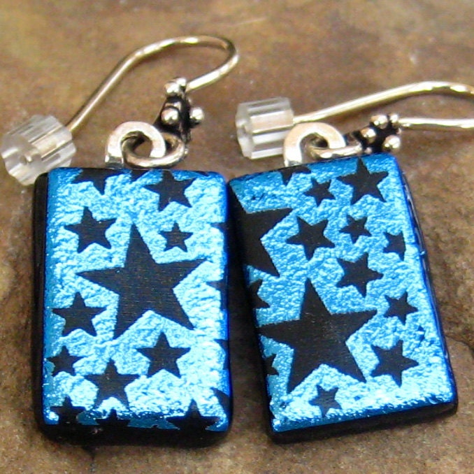 Blue Dichroic Fused Glass Drop Earrings, Starry Starry Night, Blue Stars Fused Glass Earrings