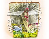Wooden Block Shelf Sitter Wall Hanging 4x6 inch Handmade Decoration Swan Angel Waiting For The Magic  Collage Mixed Media Art