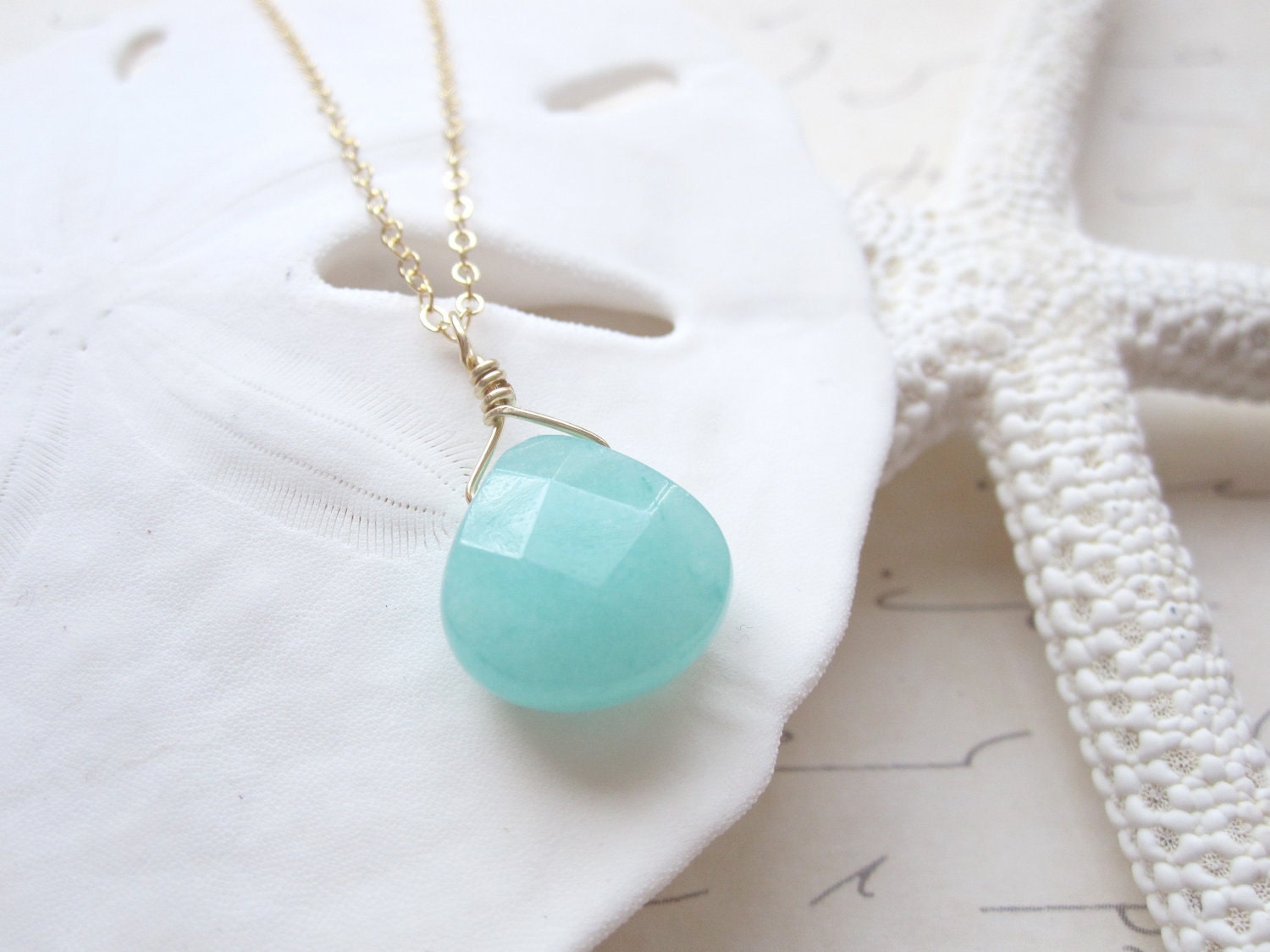 Aqua Seafoam Green Teardrop Faceted Briolette  Necklace 14k Gold Filled Chain Also Available in Sterling Silver - shoprhubarb