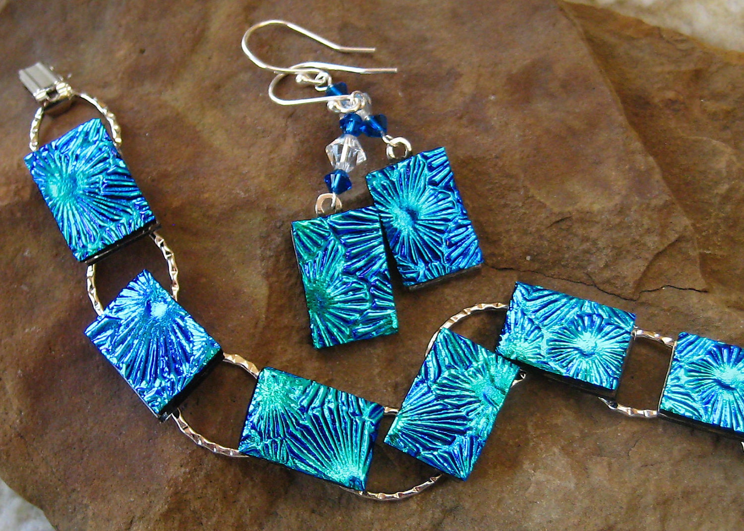 Fused Glass Link Bracelet, Blue Dichroic Glass Bracelet - Indigo Flowers
