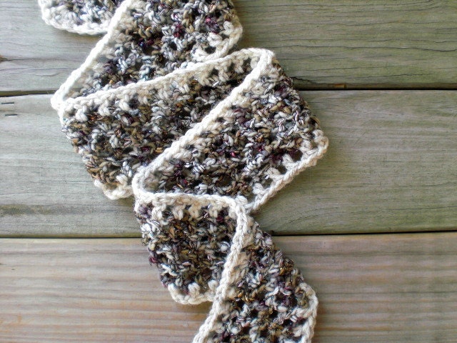 Crocheted spring scarf / rustic scarflette / white / gray / beige / gold / pink / red / country chic / glitter / for her