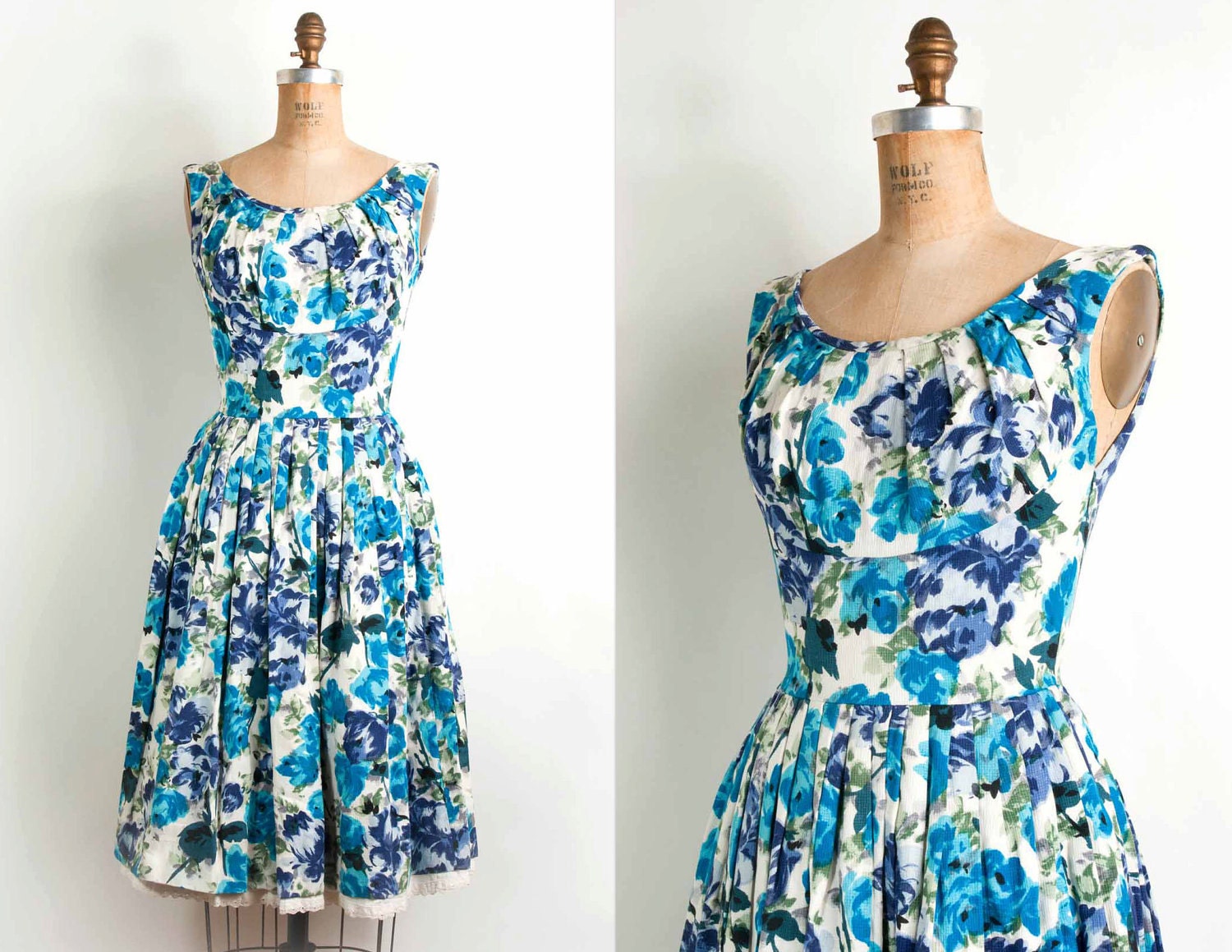 vintage 1950s dress / 50s blue floral cotton sleeveless dress (small)