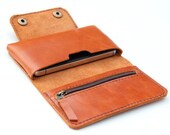 Leather iPhone wallet case in Orange Brown -  with zipper and cards slot