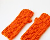 SALE Fingerless Gloves Cable Knit, in Orange, Chunky Fingerless Gloves SALE
