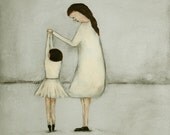 Mother daughter large print ballet art print 13" x 19" print creamy white and gray, Dance - Mae and Bebe