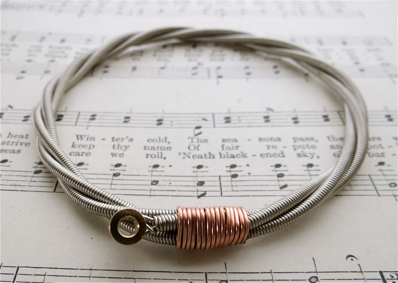 Recycled Bass Guitar String Bracelet with brass ball end unisex Extra Large free shipping to US