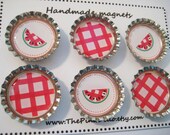 Bottle cap magnets, red gingham watermelons, set of 6