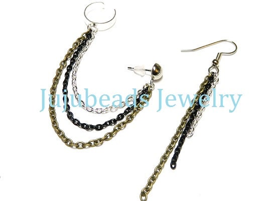 Antiqued Brass Black and Silver Chains Ear Cuff