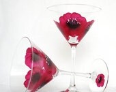 Cocktail Glasses Hand Painted Glassware Martini - Luscious Red Poppies Set of FOUR - Summer Party BBQ Entertaining