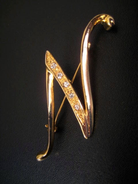 Vintage "N" Brooch or Pin Gold Tone with Faux Crystals