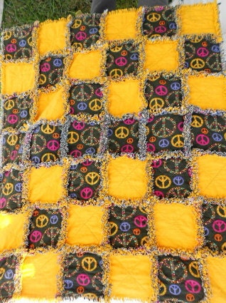 Peace Symbol Rag Quilt Lap Size - Brown and Gold  Flannel  - by Sew Fun Quilts