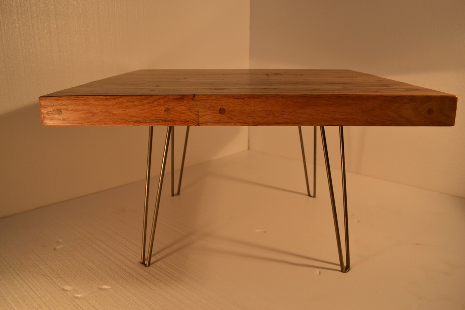 Coffee Table:  Reclaimed Box-Car Oak With Hairpin Legs