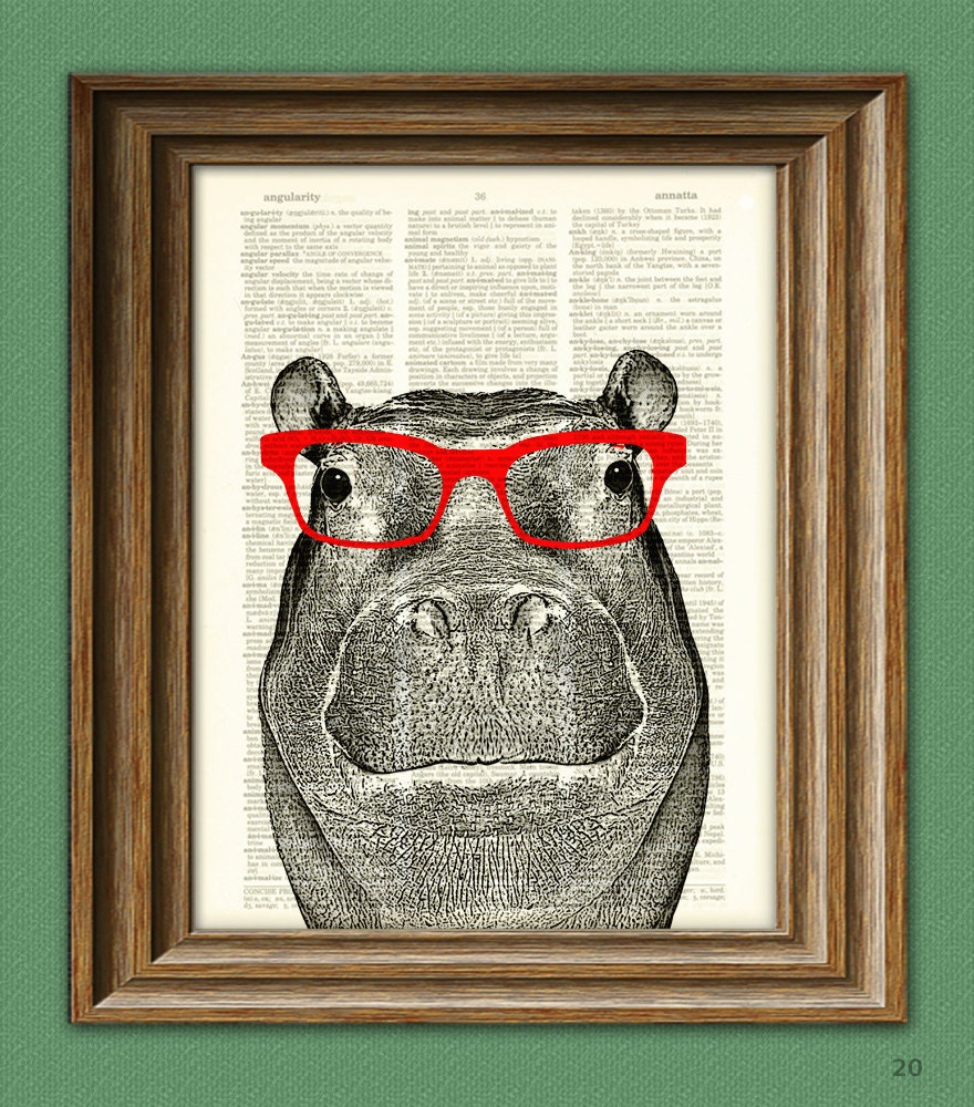 Hippopotamus Smarty Pants Hippo with red glasses illustration beautifully upcycled dictionary page book art print