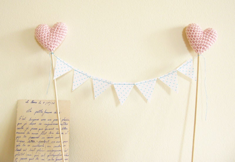 Wedding cake Topper Polka Dots Bunting with Pale pink Hearts by Cherrytime - cherrytime