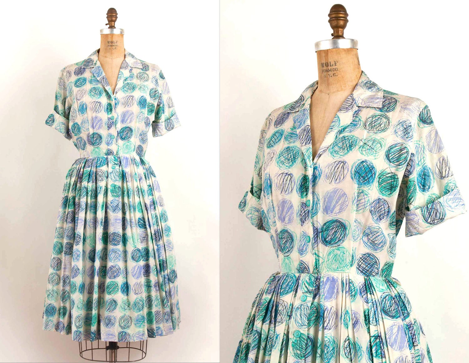 vintage 1950s dress / 50s mid century modern print silk shirtwaist dress (small)