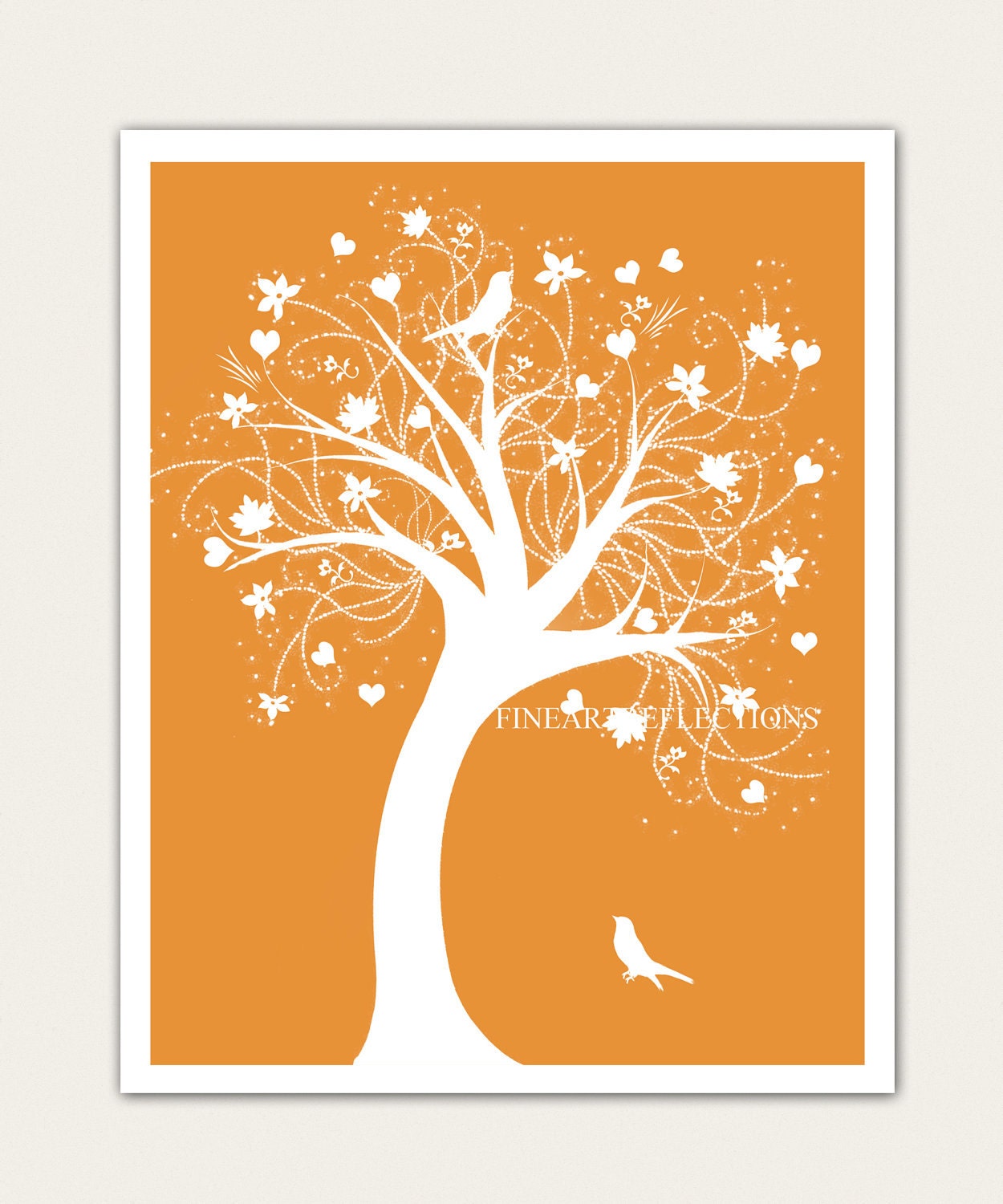 Hearts And Flowers Tree Modern Wall Art Print White Silhouette On Tangerine Orange