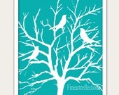 Bird Gathering Blue Wall Art Print White Silhouette