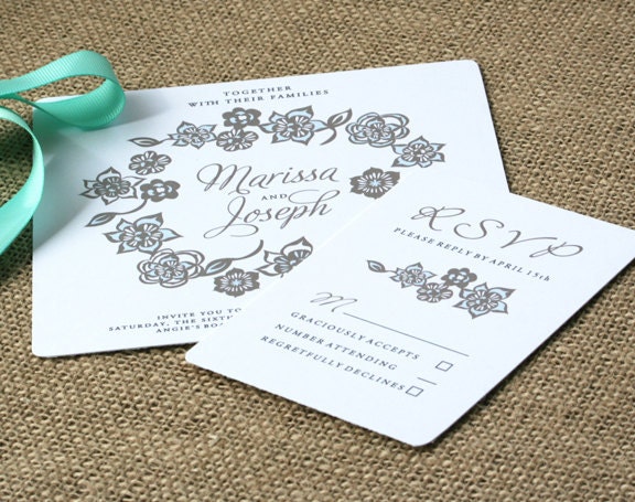 Grey and Tiffany Blue Floral and Script Font Wedding Invitation, square size, customize the colors