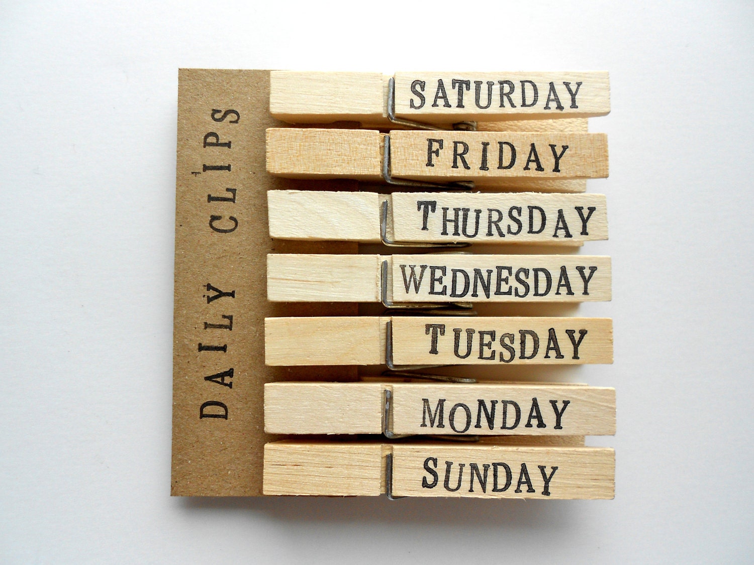 Days of the Week Clothespins - Hand Stamped - Set of 7 - Large - Free US Shipping