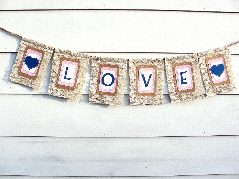 Burlap Lace LOVE Wedding Banner with Hearts, Custom Colors Available