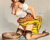 Free US shipping Handprinted Cotton Art Reprodn Applique Vintage Sexy Pin-up Girl Gil Elvgren "The winner a fair catch" , 1957